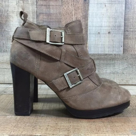 Harley Davidson‎ Brown Leather Ankle Bootie Womens 9.5 Heeled Boot Buckle - Picture 1 of 16